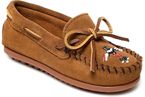 Minnetonka Children’s Thunderbird “Animikii” Hardsole - Moccasins for Kids with a Classic Leather Moccasin Silhouette, Cushioned Footbed, and Beaded Moccasin Design