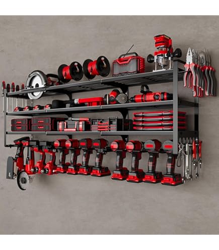SHOMEXTOL 50-Inch Heavy Duty Tool Organizer Wall Mount - 4 Tier Rack With 14 Drill Holders, 450 Lb Capacity-833468