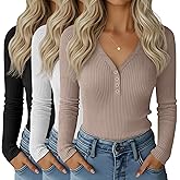 Huukeay 3 Pack Women's Ribbed Henley Long Sleeve Shirts, Button V Neck Tunic Tops Slim Fit Casual Soft Basic Knit Tee Blouse