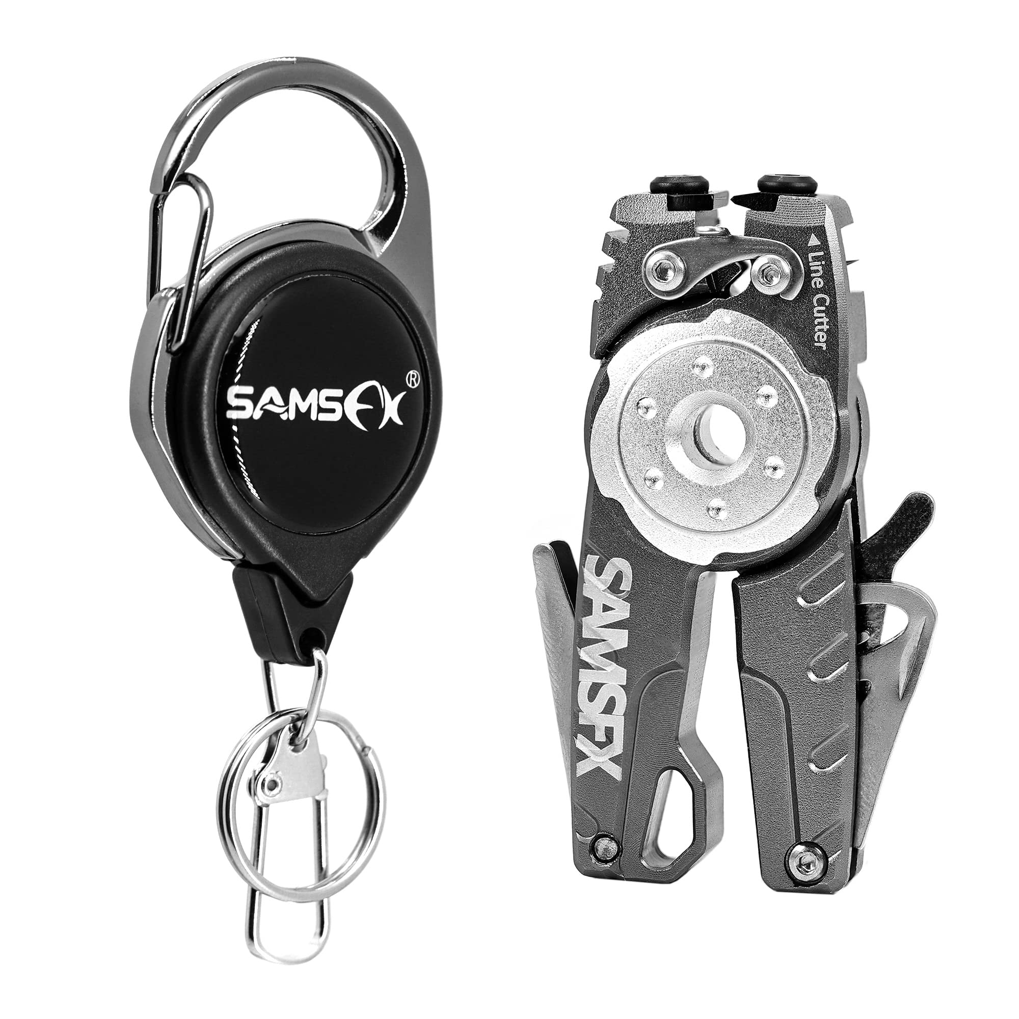 SAMSFX Fishing Multitool, Tungsten Line Cutter with Zinger Retractors, Pliers, Knot Tyer, Hook Cleaner, Sharpener, Loop Tyer (Gray Aluminium Handle)