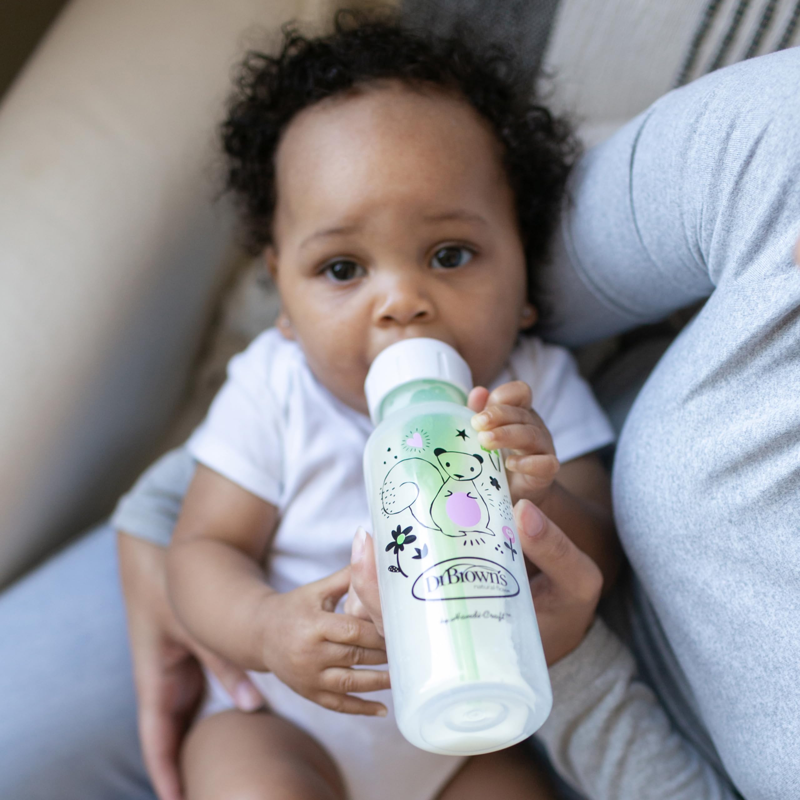 Dr. Brown's Natural Flow Anti-Colic Options+ Narrow Baby Bottle, Squirrel & Goat, 8 oz/250 mL, with Level 1 Slow Flow Nipple, BPA Free, 0m+, 2-Pack