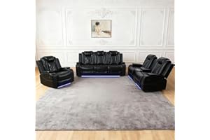 Saxum Tegmen Living Room Furniture Sets, Power Recliner Sectional Sofa with LED Lights, Leather Couch Set, Reclining Sofa for Living Room, Home Theater,and Office (3PCS Set, Black)