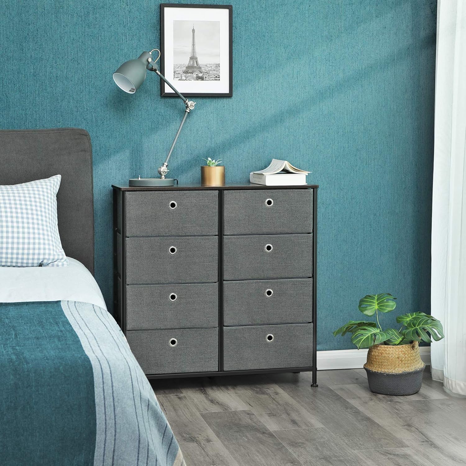 SONGMICS 4-Tier Wide Drawer Dresser, Storage Unit with 8 Easy Pull Fabric Drawers and Metal Frame, Wooden Tabletop for Closets, Nursery, Dorm Room, Hallway, 31.5 x 11.8 x 32.1 Inches, Gray ULTS24G: Home Improvement