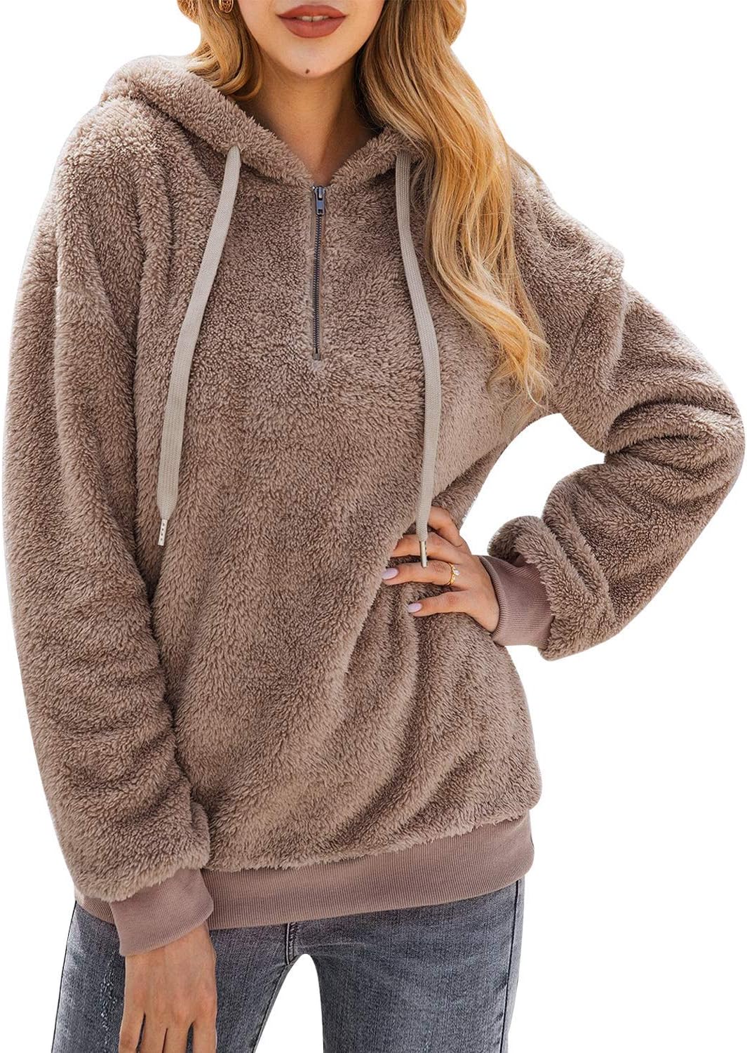 Women's Baggy Fluffy Pullover Hoodie with 1/4 Zipper and Drawstring for Winter Ladies Long Sleeves Sweatshirt Soft Tops Teddy Fleece
