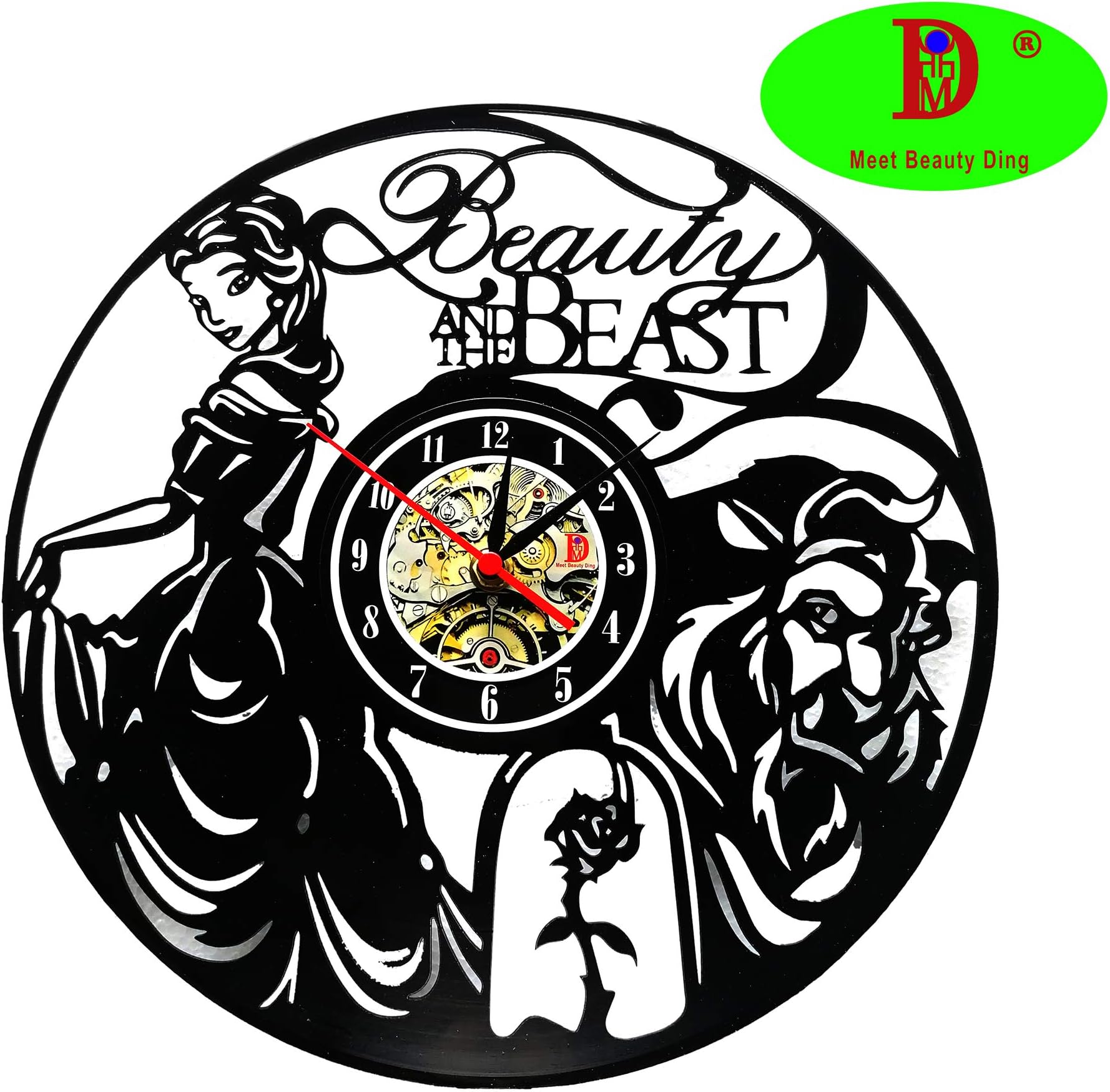Romantic Beauty and The Beast 3D Vinyl Record Wall Clock Creative Home Art Decor Modern Design Hanging Time Watch Personalized Decoration Gift for Christmas Halloween Girl's Room and Birthday Party