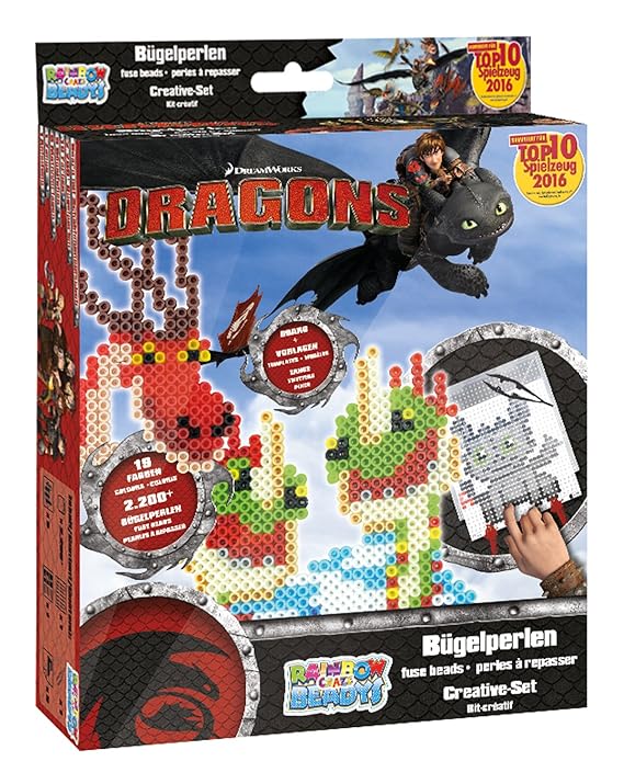 Craze 54445 - Rainbow Beadys Bügelperlen Kreativ Set Dreamworks Dragons, 2200 Perlen inklusiv Zubehör, schwarz