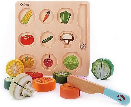 Amazon.com: Juguetes de madera Classic World para bebés, juego de alimentos para niños y niñas, juguete cortable, con cuchillo de madera y bandeja, idea de regalo para cumpleaños de niña (10 unidades):