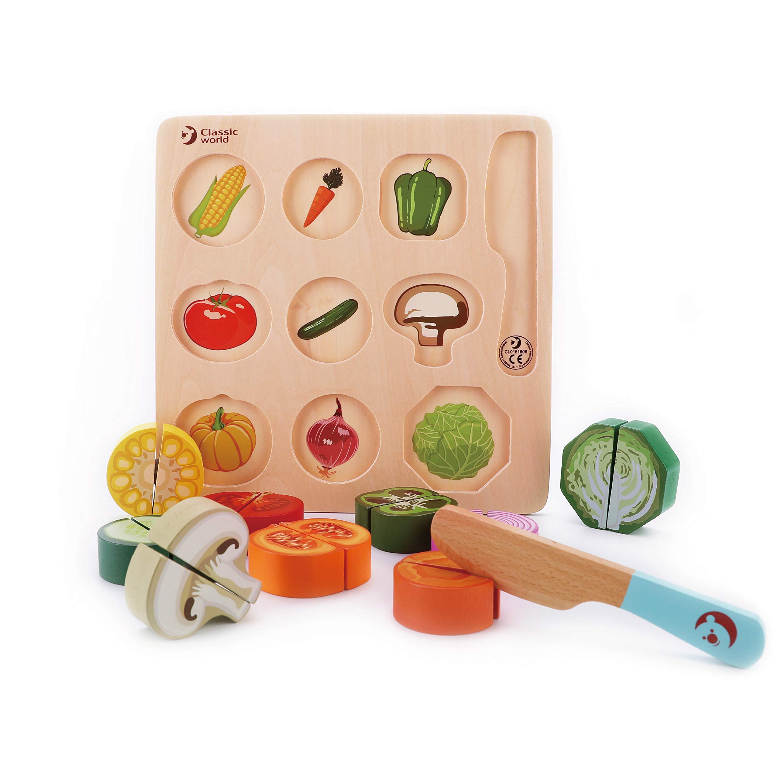 Classic World - Wooden Play Food - Cutting Vegetable Puzzle Toy- 20 pieces Colourful Kitchen Pretend Playset - Wooden Cutting Fruit and Veg Toys - Educational Learning Toys - Suitable for 18 Months +