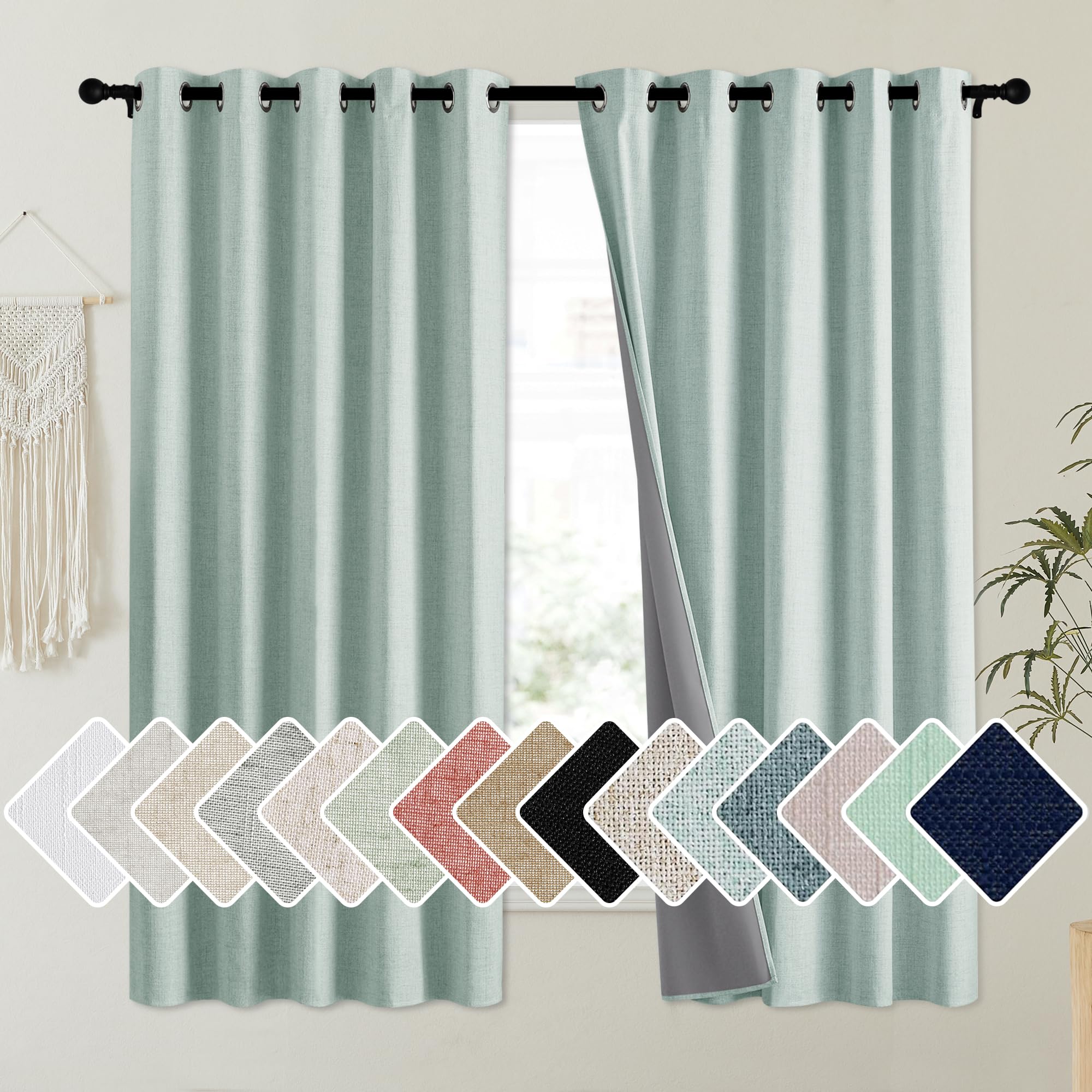NICETOWN 100% Absolutely Blackout Linen Curtains with Thermal Insulated Liner, Seafoam Green, 62" Wide, 63" Length Energy Saving Curtains for Kitchen 2 Panels Set, Vertical Blinds Image