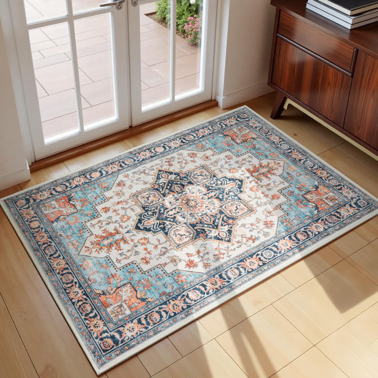 Photo 1 of Lessymo Washable 2×3 Small Area Rugs for Entryway Bathroom, Soft Kitchen Rug Non-Slip Carpet Indoor Door Mat for Floor, Vintage Boho Low Pile Rugs for Entry Bedroom Nursery Home Decor, Orange/Blue