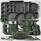 CAROTE 49pcs Nonstick Cookware Set, Pots and Pans Set with Bakeware | Cooking Set with Silicone Lids, Ultra Durable, Easy Clean, Induction Compatible, Even Heating, with Knife Set, Green