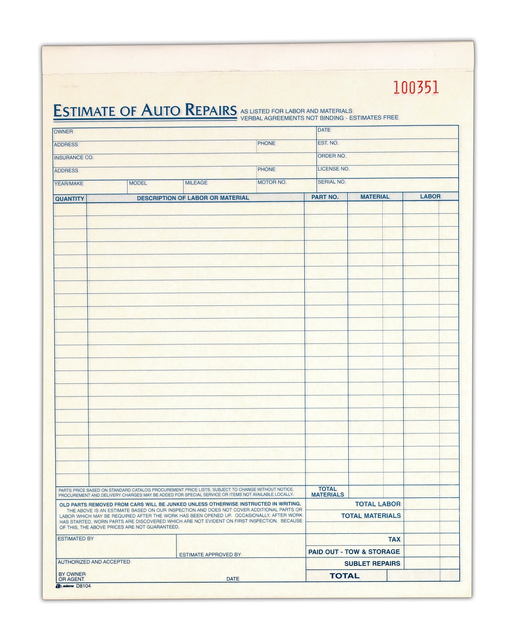 Auto Repair Estimate Book, 2Part, Carbonless, 8.38 x 10.69 Inches