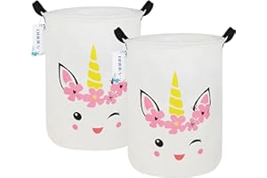 ONOEV 2 Pack Round Fabric Storage Bin,Decorative Basket,Organizer Basket with Handles,for Clothes Storage,books and sundries(2 Pack Beautiful unicorn)