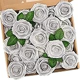 N&T NIETING Artificial Flowers, 25pcs Fake Flowers Roses with Stem for DIY Wedding Bouquets Centerpieces Bridal Shower Party Home Decoration, Silver White