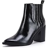 Womens Ankle Boots Slip on Pointed Toe Chunky Block Mid Heel Leather Elastic Panel Casual Chelsea Western Booties