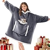 JOYWOO Wearable Blanket Hoodie,Oversized Cat Lovers Sweatshirt Blanket for Adult & Teens,Birthday Gifts for Teen Girls Boys Women,Cozy Fuzzy Sherpa Sweatshirt Blanket Giant Pocket Gifts,Grey Small