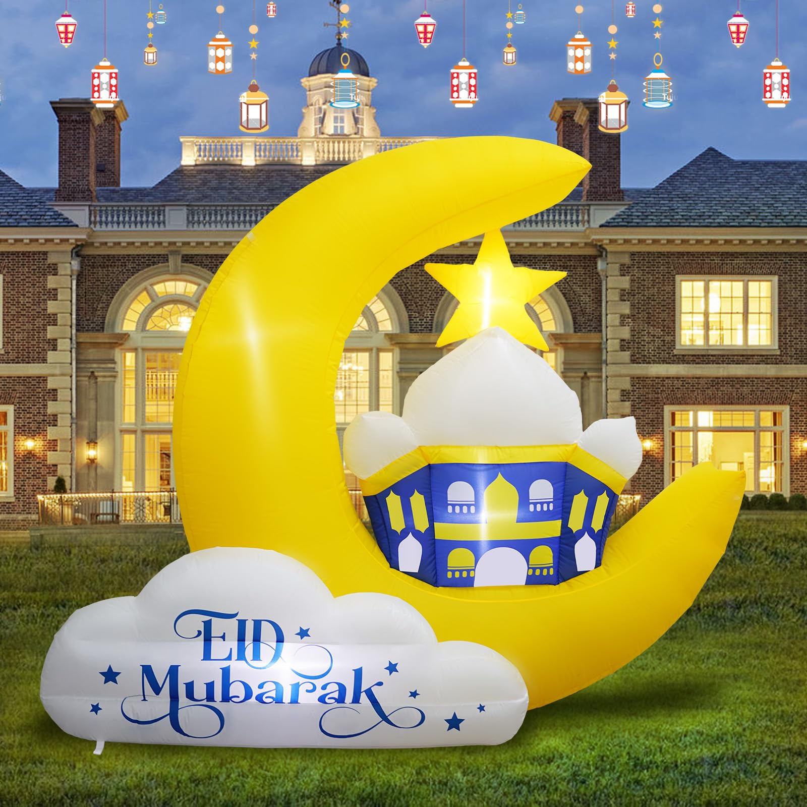 Photo 1 of inslife 6FT Tall Inflatable Ramadan Moon Outdoor Decoration, Waterproof Inflatable Eid Mubarak Decor, Blow Up Muslim Holy Celebration Decor Built-in 4 LEDs for Yard, Garden, Lawn, Indoor