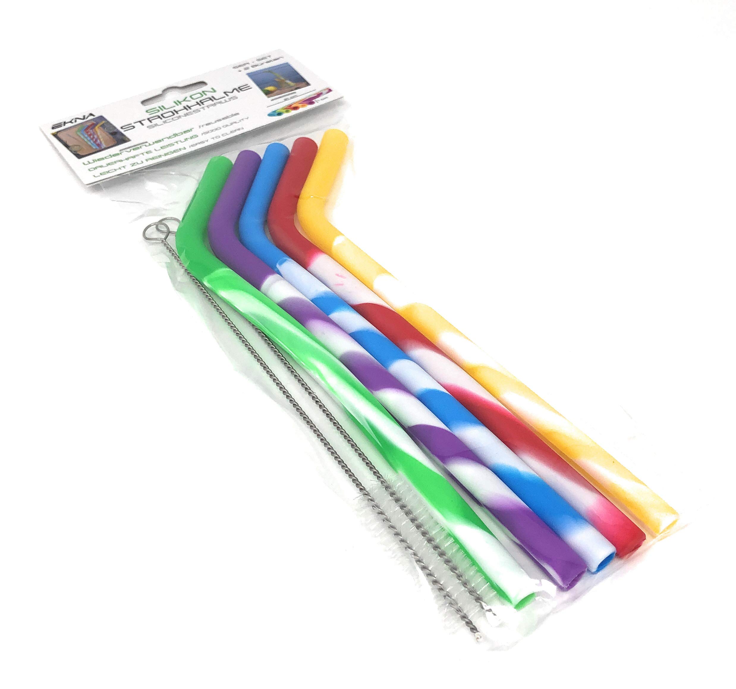 EKNA Silicone Straws – Reusable Drinking Straws – Available in Five Colours – Includes Two Cleaning Brushes