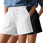 Locoowai 2 Pack Women's Linen Shorts Summer Cotton Casual High Waisted Wide Leg Drawstring Beach Short with Pockets