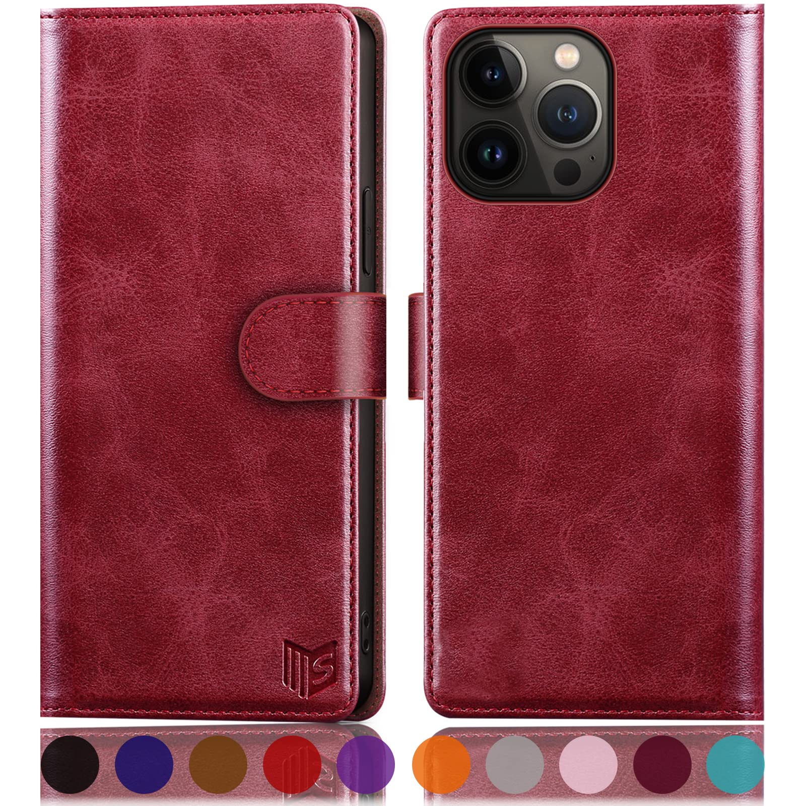 SUANPOT for iPhone 14 Pro Max 6.7 inch case with [Credit Card Holder][RFID Blocking],PU Leather Flip Book Protective Cover Women Men for Apple 14 Pro Max Phone case Red