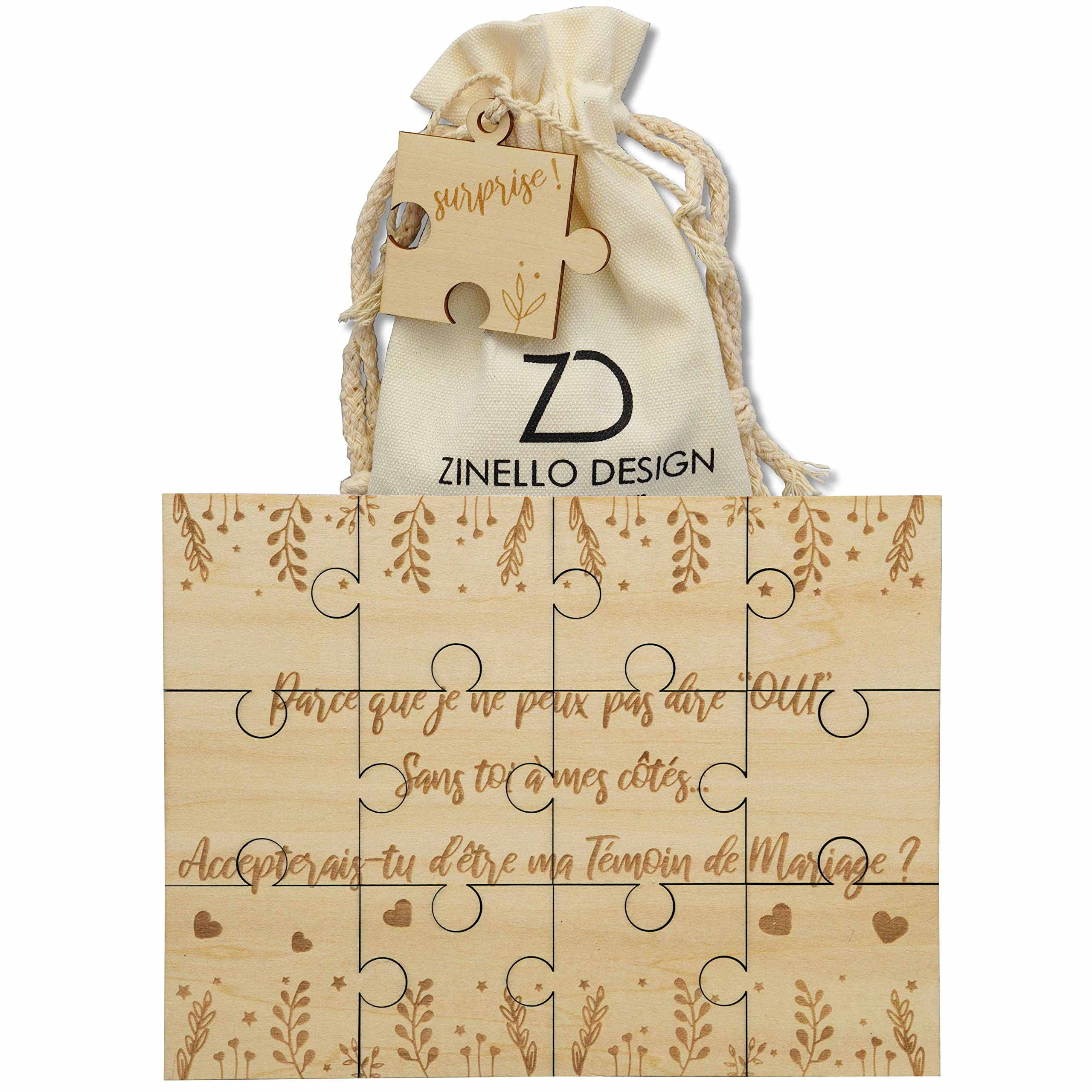 Wooden Jigsaw Puzzle "Vêtu être ma Témoine", Original and Personalised Gift Idea to Make Your Witness Request for Your Wedding, Unusual EVJF Announcement with Gift Pouch (without Frame)