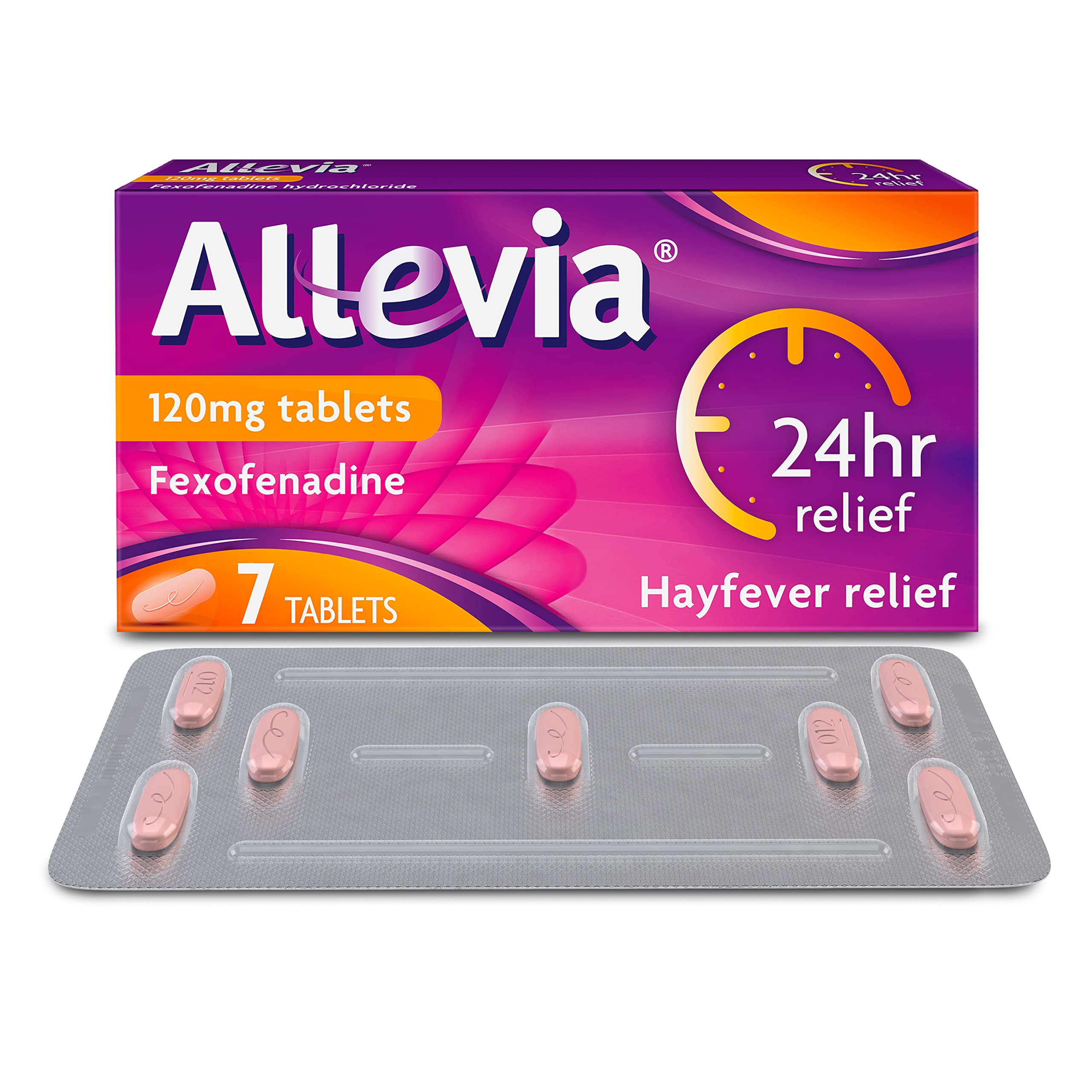 Allevia Hayfever Allergy Tablets, Prescription Strength 120 mg Fexofenadine, 24hr Relief Acts Within 1 Hour, Including Sneezing, Watery Eyes, Itchy and Runny Nose, 7 Tablets