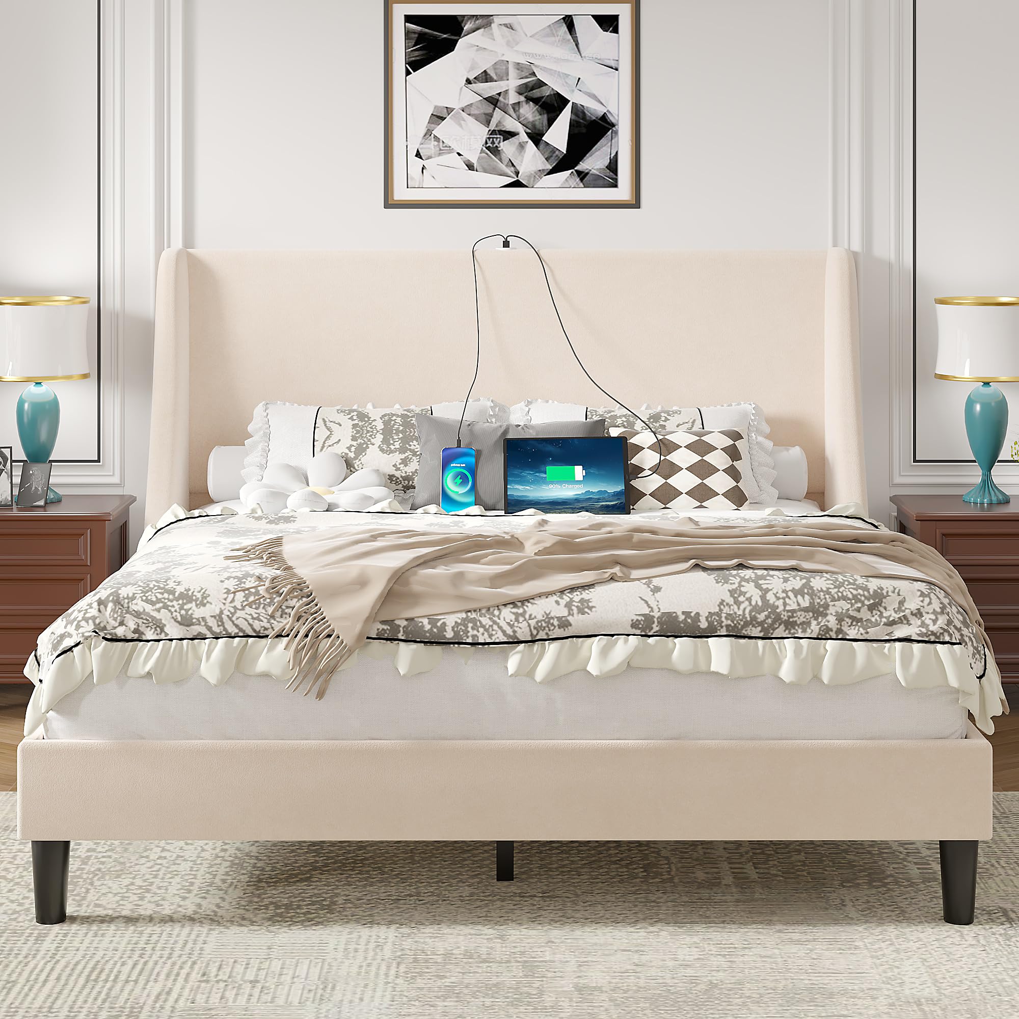 Photo 1 of ***FACTORY SEALED***
VECELO Queen Bed Frame with Upholstered Wingback Headboard, Heavy-Duty Platform Bedframe with Charging Station, Wooden Slats, No Box Spring Needed, Beige