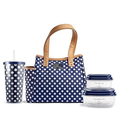 Fit & Fresh Lunch Bag For Women, Insulated Womens Lunch Bag For Work, Leakproof & Stain-Resistant Large Lunch Box For Women With Containers and Matching Tumbler, Zipper, Westerly Lunch Bag, Navy Dot