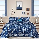 Djoymock Coastal Quilt Set Queen Size 3 Piece, Summer Beach Blue Theme Quilts with Pillowcases Microfiber Ocean Bedding Set Nautical Bedspreads Coverlet Lightweight Comforter for All Season