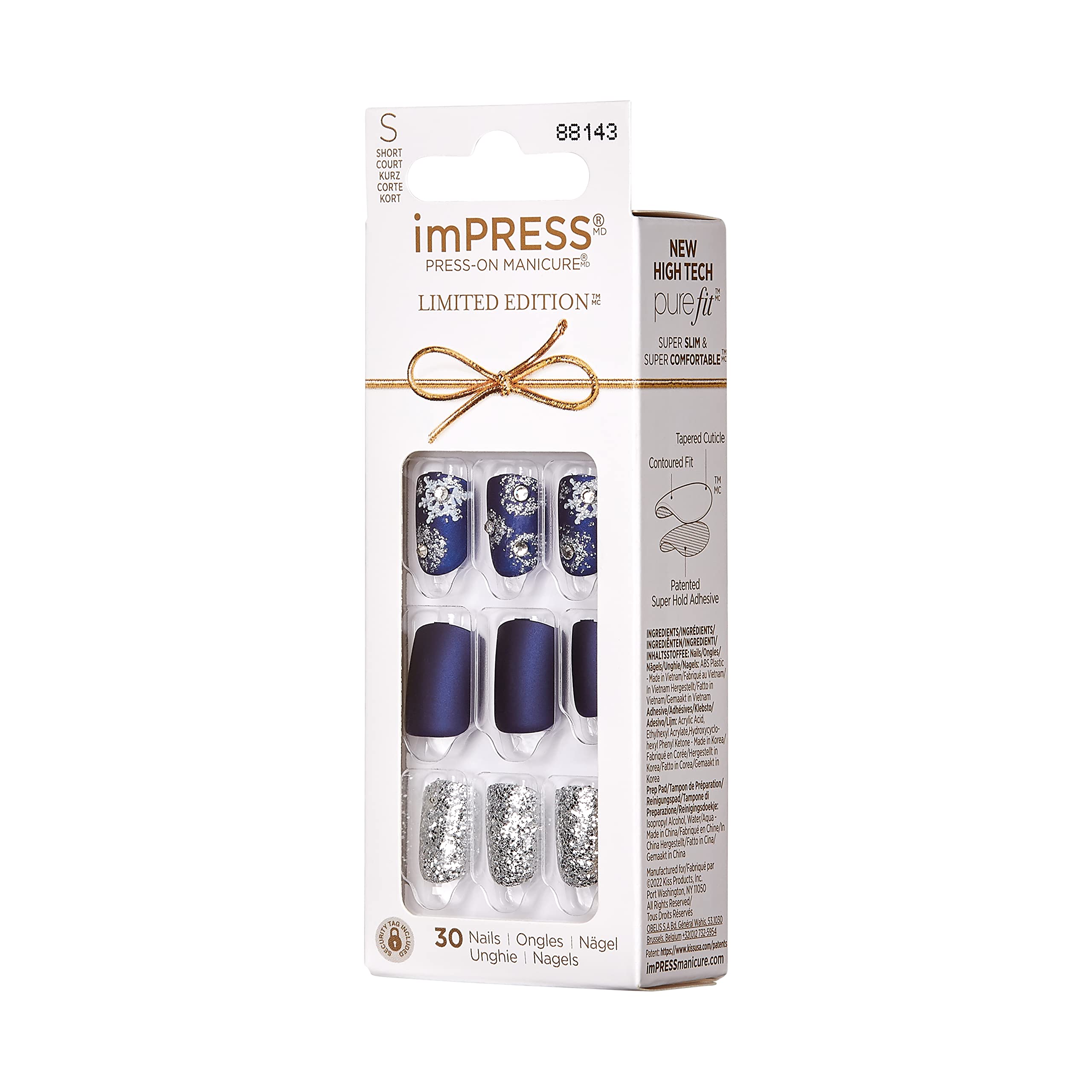 KISS imPRESS Limited Edition Holiday Press-On Manicure with PureFit Technology, Short Length, Square Shaped, Blue Press-On Nails, Style 'Feeling Pine’ - Image 3