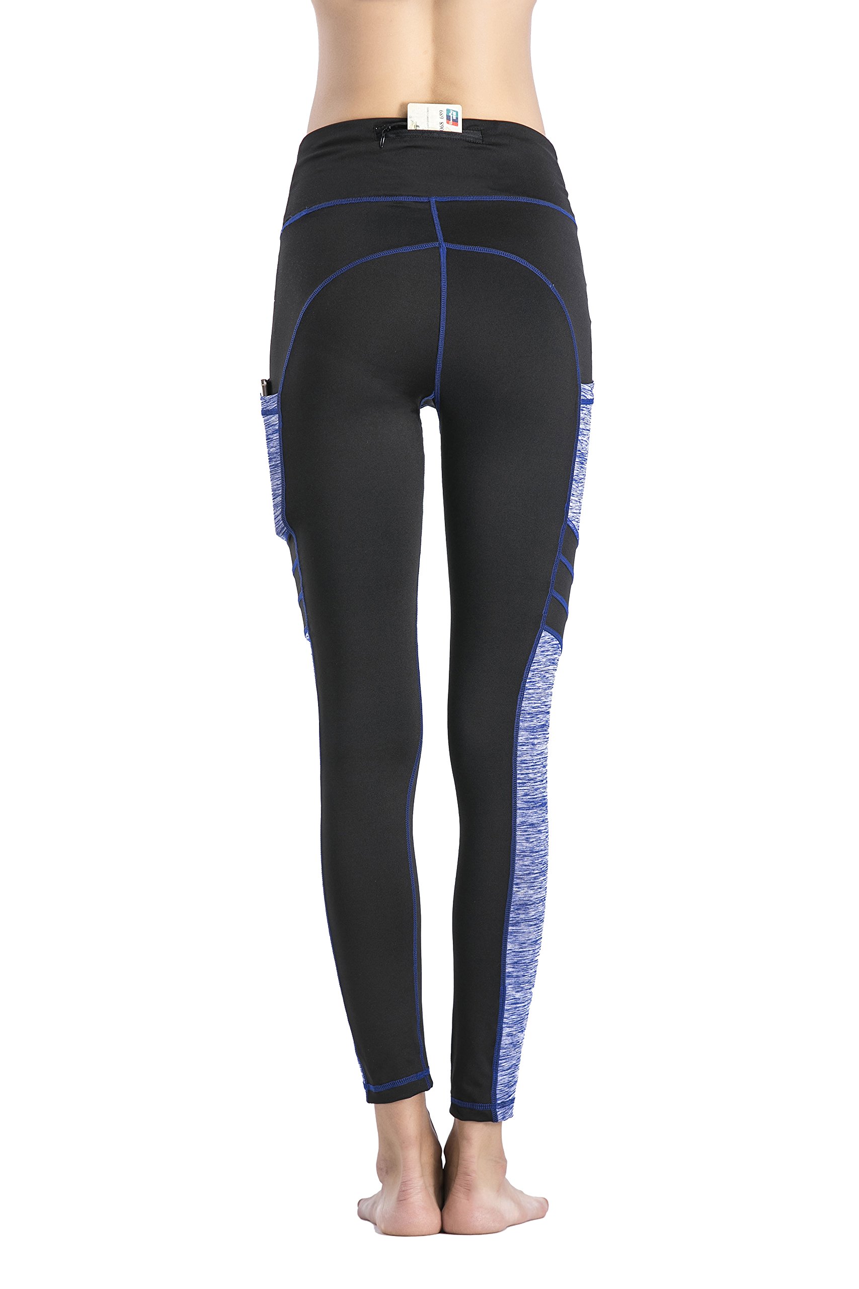 IMIDO Women\'s Yoga Capri Pants Sport Tights Workout Running Mesh Leggings with Side Pocket (Long Pants Blue, S)