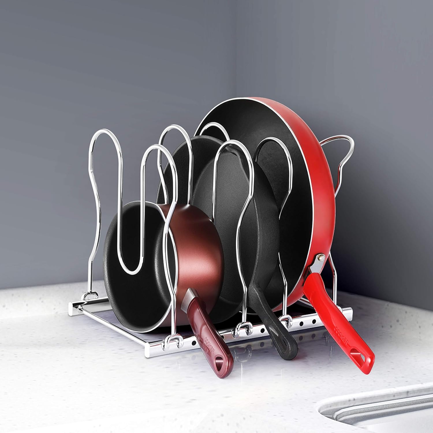CAXXA Heavy Duty Pan Rack, Pot Lid Rack, Kitchen Cabinet Pantry Cookware Organizer Rack Holder | 5 Adjustable Dividers, Chrome: Kitchen & Dining