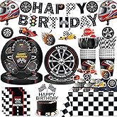 Yingoto 187Pcs Race Car Birthday Party Decorations Tableware Set Serve 25, All-in-1 Cars Birthday Decorations Includes Banner, Plates, Tablecloths, Cake Decorations, Balloons for Race Car Themed Party
