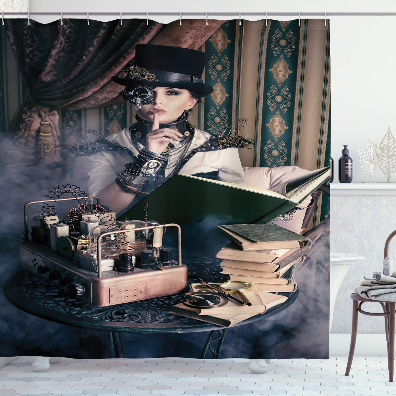 ABAKUHAUS Gothic Shower Curtain, Portrait of Steampunk Woman with Medieval Vintage Outfit Historic Fashion Art Photo, Cloth Fabric Bathroom Decor Set with Hooks, 94 Inches, Brown Teal