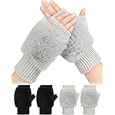 SATINIOR 2 Pairs Women Wool Knit Fingerless Gloves Furry Mittens Wrist Warmers Fur Mittens Valentines'day Gift for Women