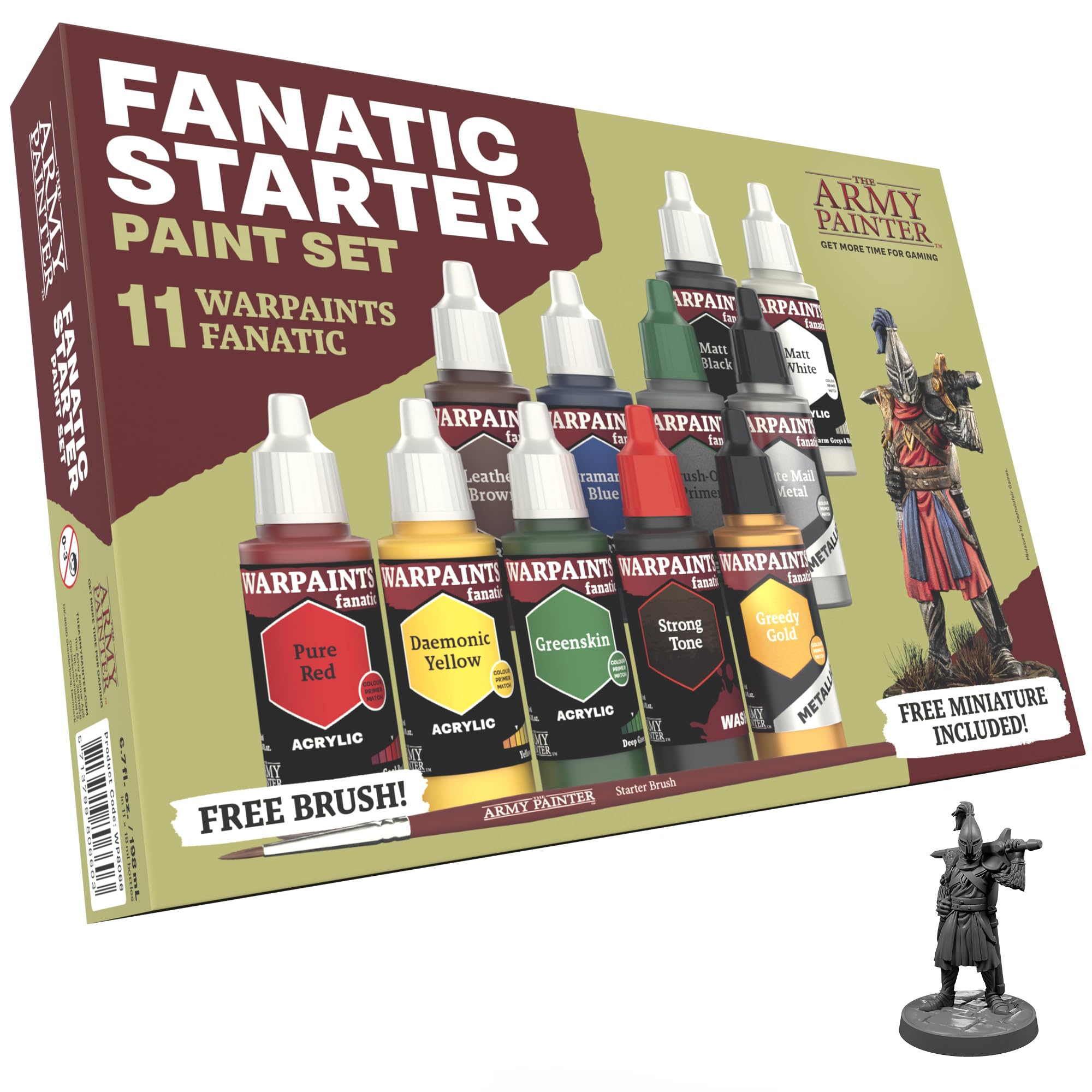 The Army Painter Warpaints Fanatic: Starter Set, 11 x 18 ml Acrylic Paints, incl. Metallics, Wash, Brush-On Primer, 1 Miniature 28 mm & 1 Brush - Miniature paint set for D&D & Warhammer Figures