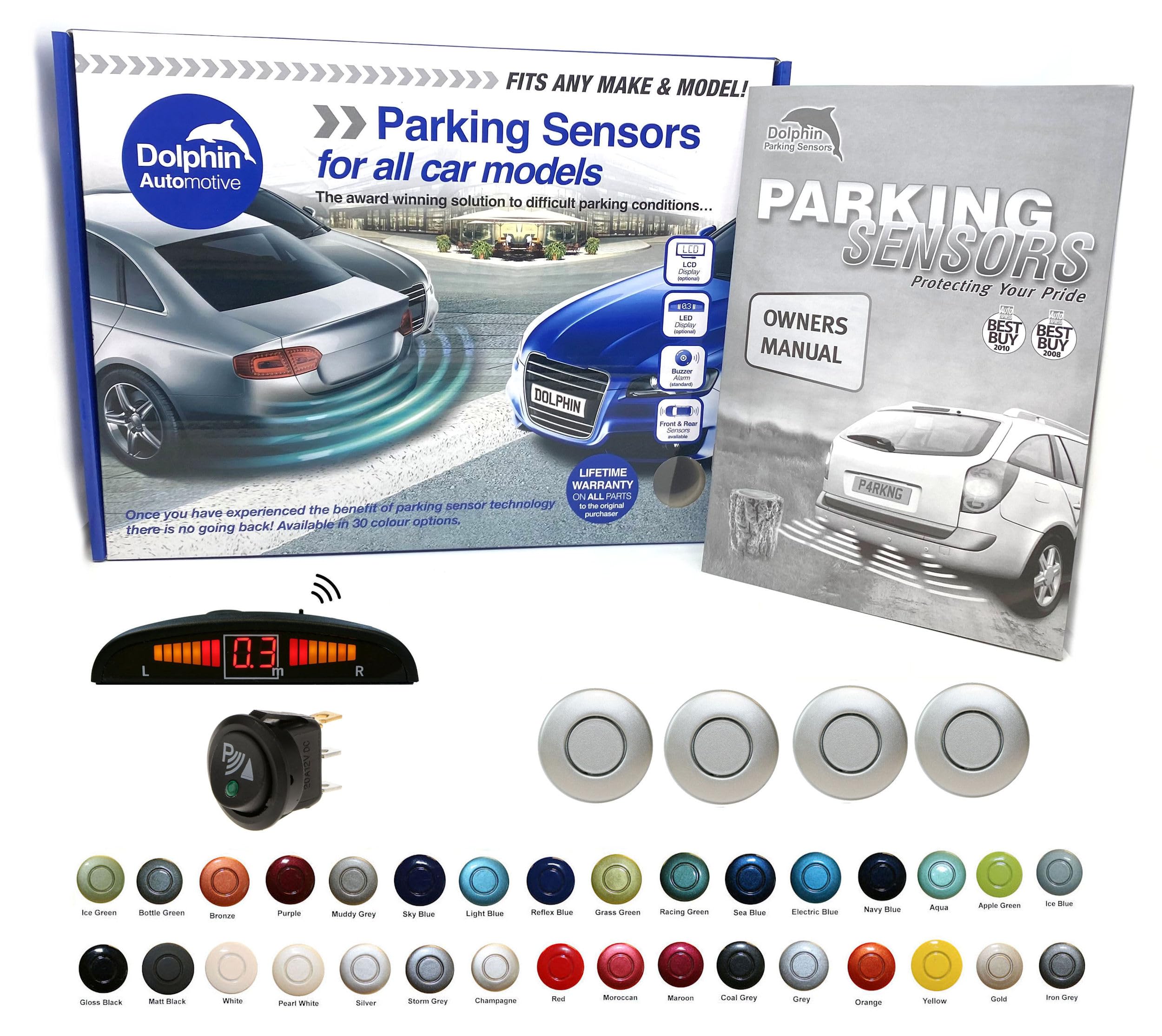 Dolphin Automotive DPS450F Front Parking Sensors In 32 Colours 4 Ultrasonic Radar Sensors Kit Audio & Display Alert System Matt & Gloss Black +30 More Colours (Silver)
