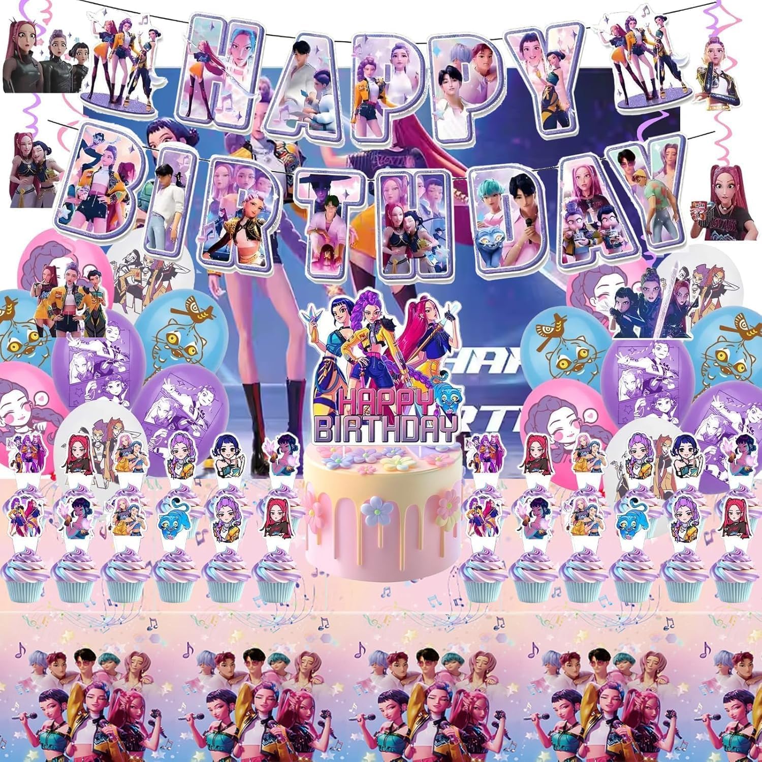 For K Pop Demon Hunters Party Supplies, 50 PCS Birthday Decorations Set Include Banner, Balloons,, Hanging Swirls, Cake Cupcake Toppers, Tablecloth for Boys Girls Hunters Theme Party
