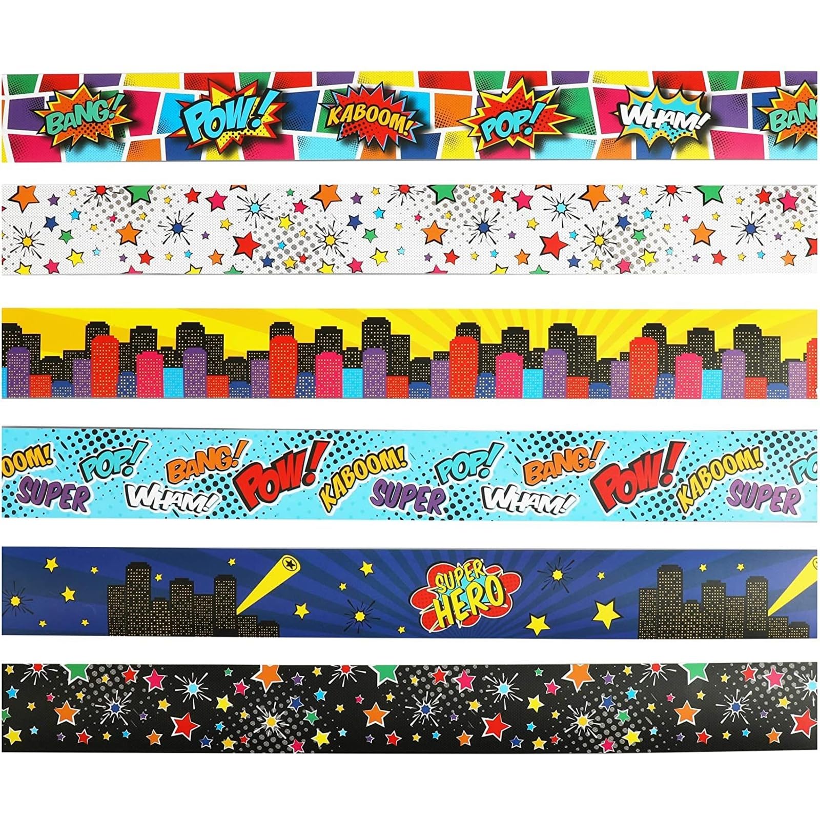 Photo 1 of Bright Creations Comic Book Bulletin Board Borders - 78 Pieces, 6 Designs, 2.25 x 36 in Laminated Paper - Classroom & Comic Strip Decorations