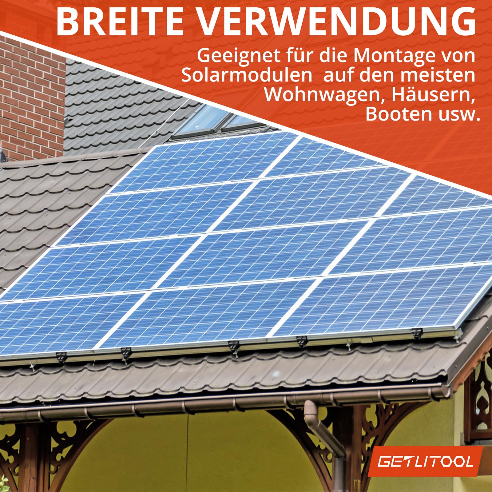 GETLITOOL Solarmodul Halterung, PV Halterung Montageset zur Montage 2 Module-12cm Alu Schiene, Verstellbare Klemme für 30-35MM Module, Solarpanel Halterung Flachdach Trapezblech Ziegeldach| Schwarz 7