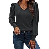 HOTOUCH Women's Knit Shirt Soft Puff Long Sleeve Blouse Tops Lightweight V Neck Tunic XS-XXL