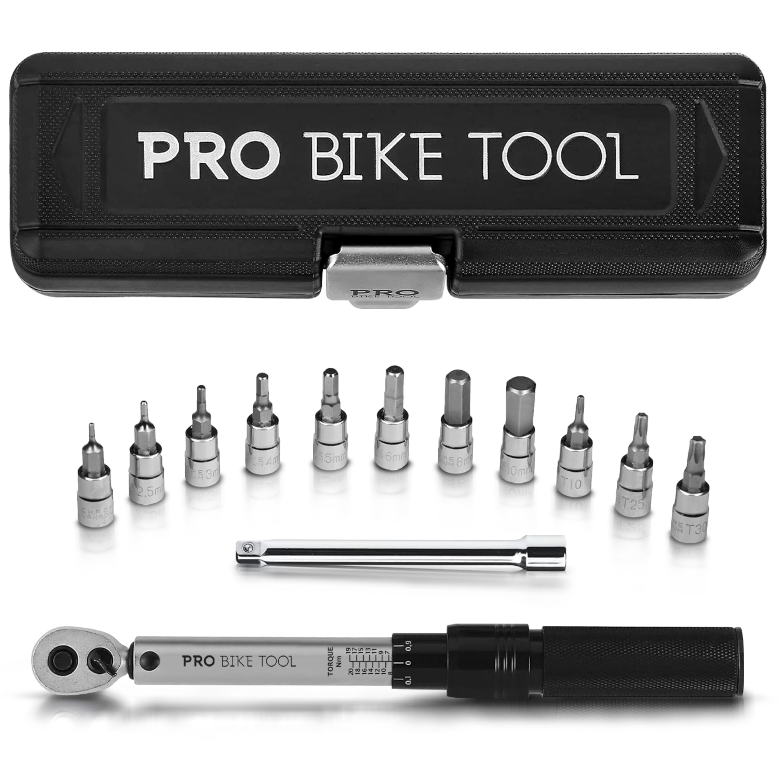Photo 1 of PRO BIKE TOOL 1/4 Inch Drive Click Bicycle Torque Wrench Set – 2 to 20 Nm – Maintenance Kit for Road and Mountain Bikes - Includes Allen and Torx Screws, Extension Bar and Storage Box - ISO Certified