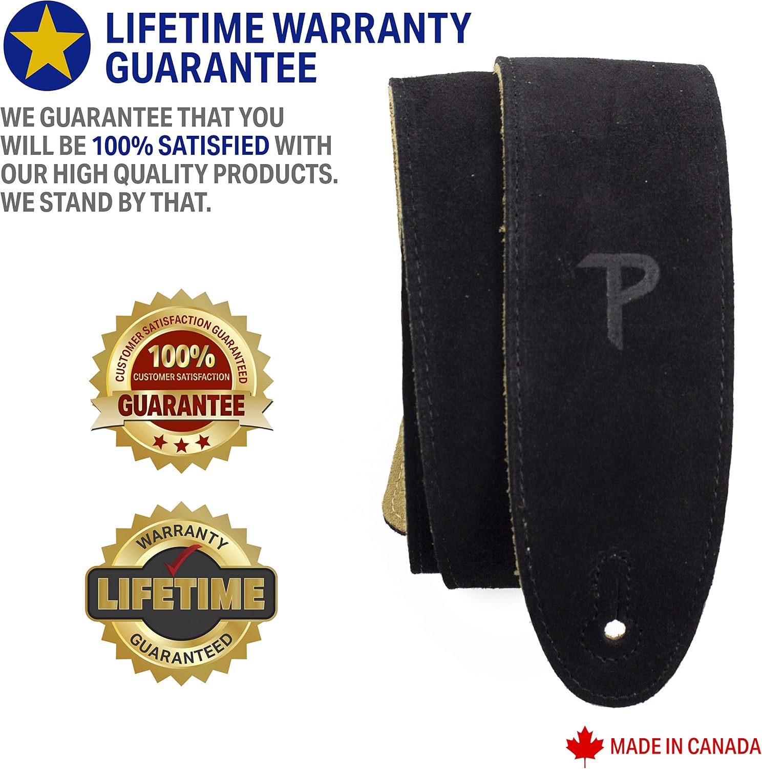Perri’s Leathers Ltd. - Guitar Strap - Suede - Black - Adjustable - For Acoustic/Bass/Electric Guitar - Made in Canada (BBS-202) - Image 4