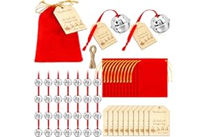Zeyune 24 Sets Christmas Believe Bells Polar Sleigh Bells Gifts with Train Tickets Wooden Gift Tags Velvet Bag (Silver)