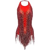 YUANTONG Red Rhinestone Bodysuit Women Sexy Drag Queen Outfit Backless Sleeveless Halter Latin Jazz Dance Leotard with Fringe