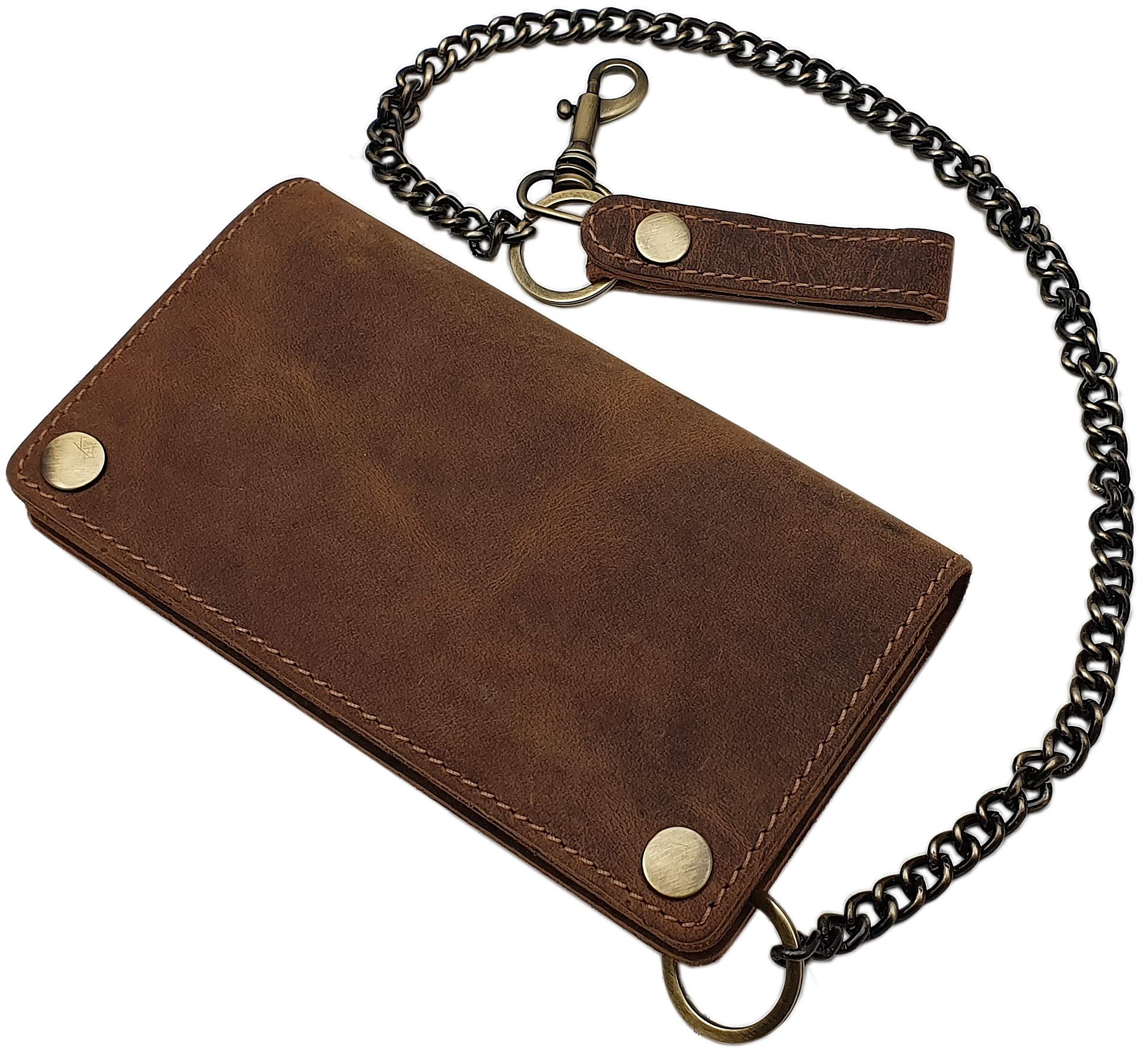 myledershop Buffalo Full Leather Biker Wallet with Metal Chain and Removable Card Case with RFID & NFC Blocking (Brown)