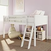 Merax Wood Low Loft Bed with Ladder,Wooden Low Loft Bed with Guardrail for Kids or Teens,Space Saving,No Box Spring Needed,Twin Size, White Color