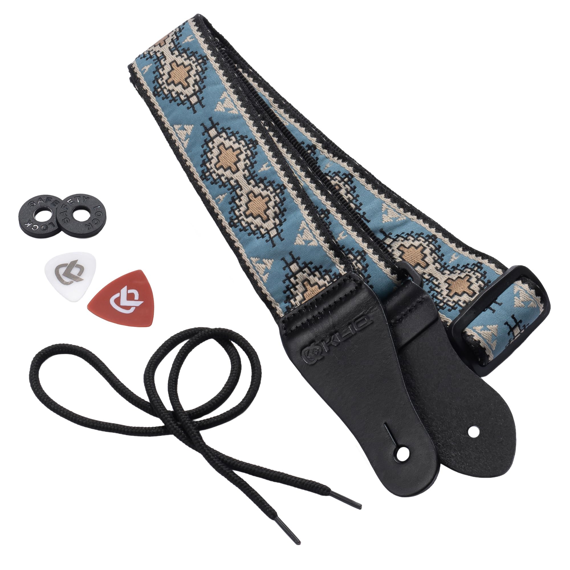 KLIQ Vintage Woven Guitar Strap for Acoustic and Electric Guitars + 2 Rubber Strap Locks, 2 Guitar Picks and 1 Lace | '60s Jacquard Weave Hootenanny Style | Native, Navajo Blue/Tan