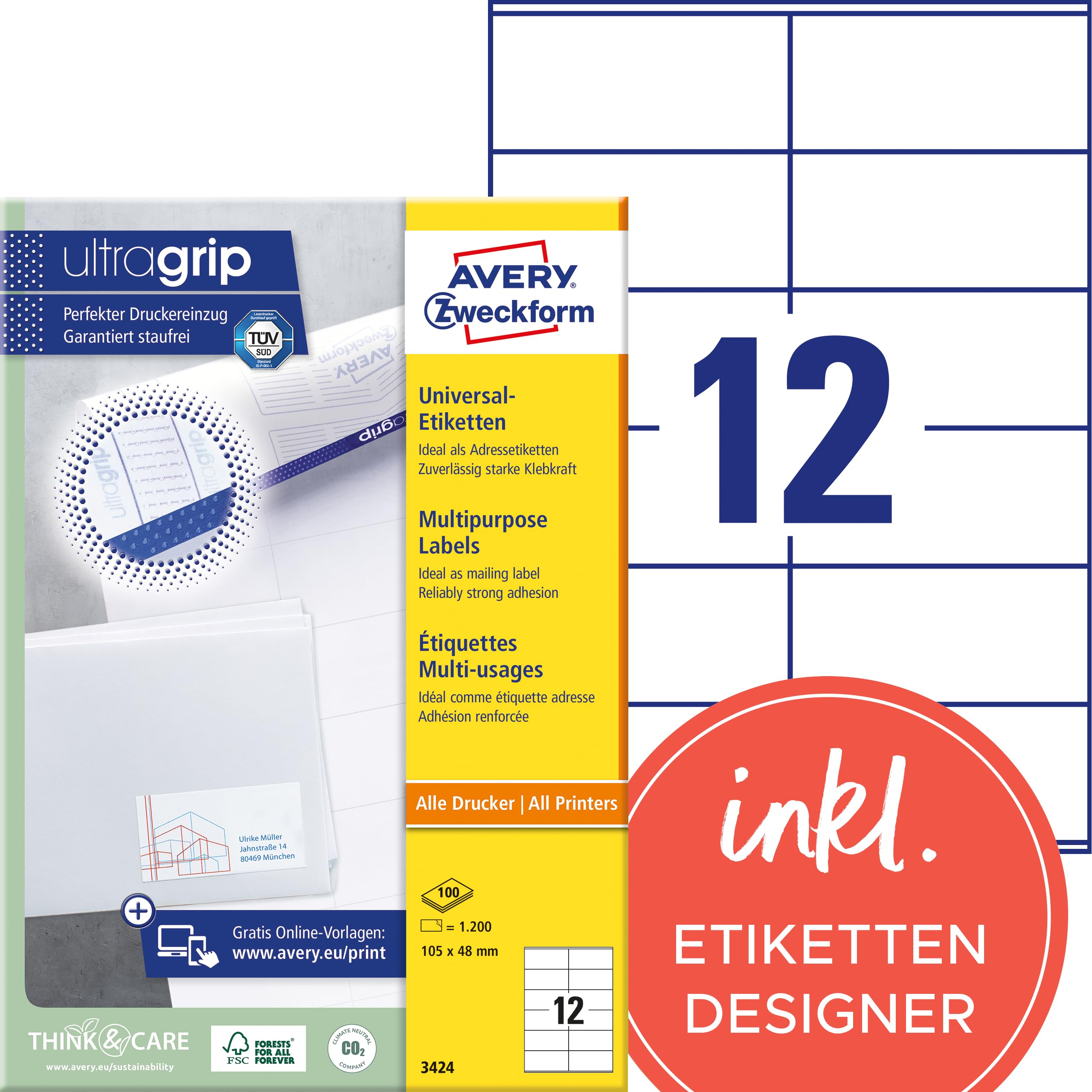 Avery Zweckform 3424 Universal Labels 105 x 48 mm 100 Sheets White