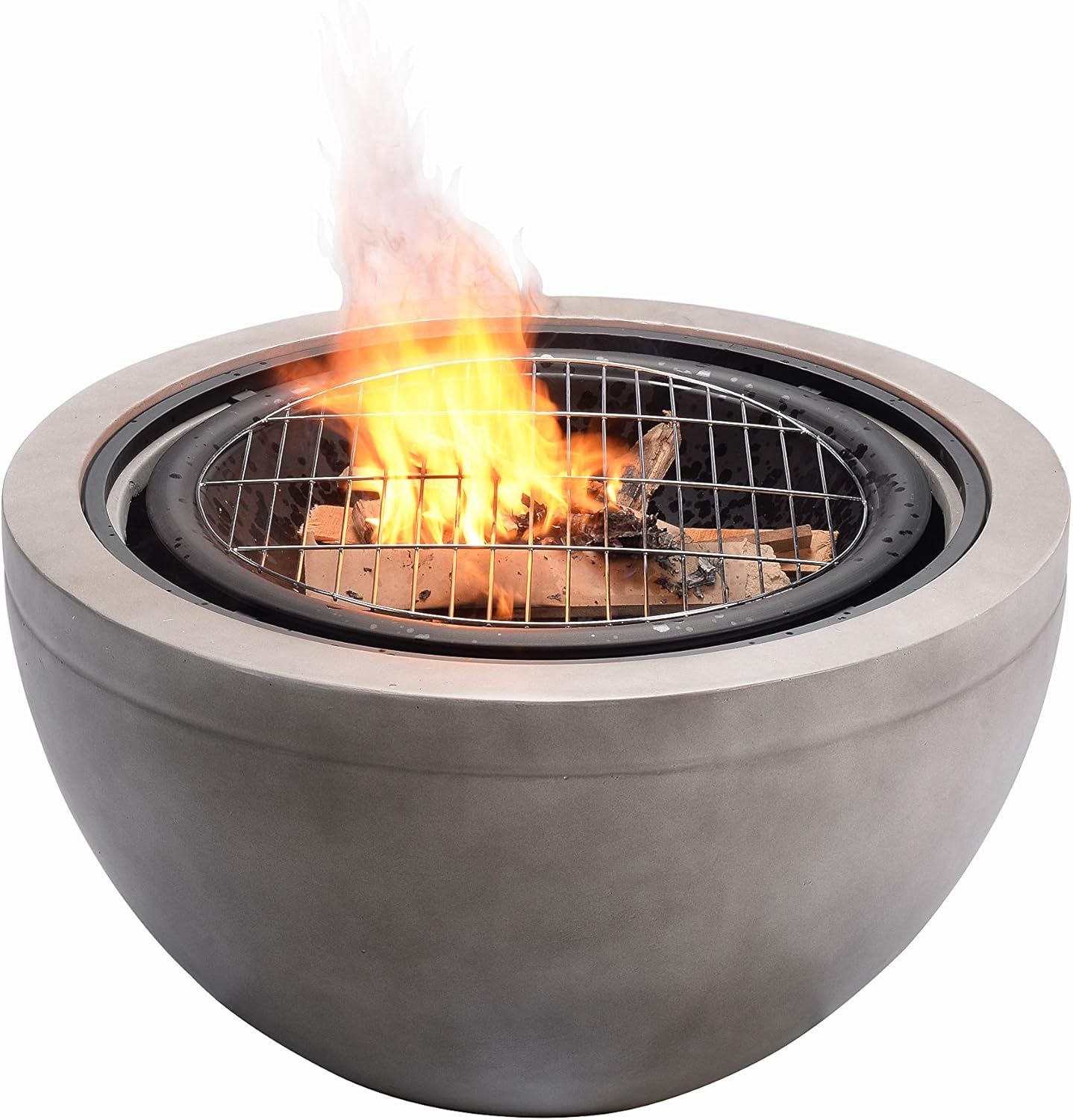 Peaktop HR30180AA Bonfire Concrete Round Charcoal BBQ Grill Wood Burning Fire Pit with Spark Screen, Fireplace Poker, Grate for Outdoor Patio Garden Backyard Decking Décor, 30 inch Length, Gray, 30" : Garden & Outdoor